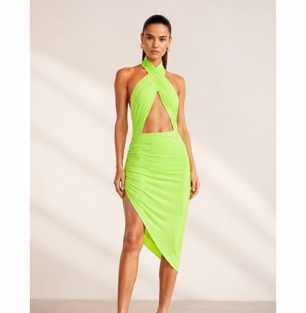 Norma Kamali Cross Halter Neon Green Side Drape Dress S/36 NWT
